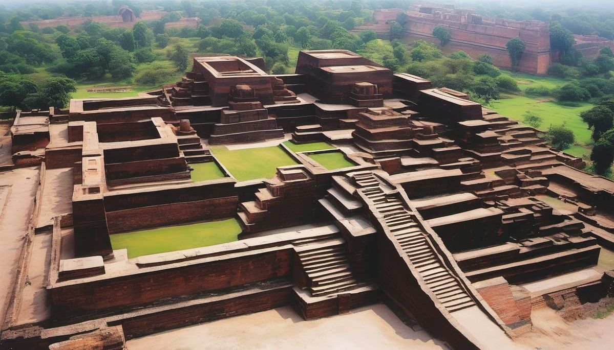 Nalanda University ruins wide view aerial