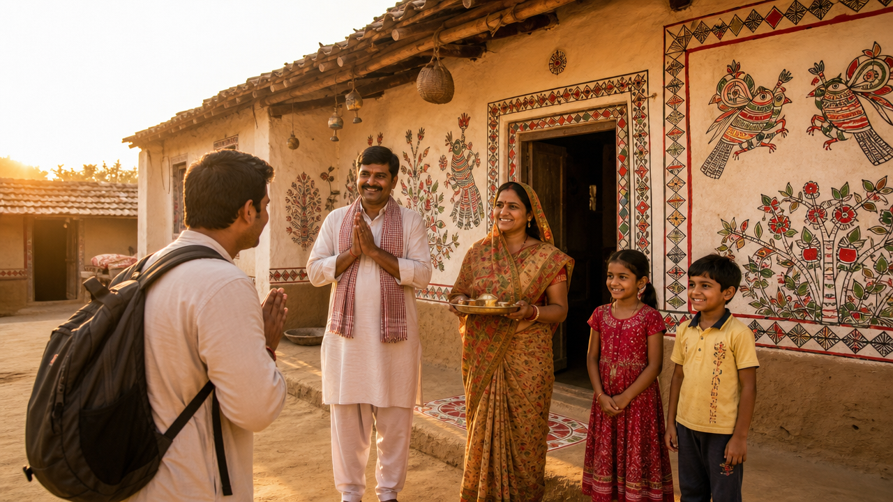 Traditional village home in Bihar with Madhubani wall art and a local family welcoming guests to a homestay.