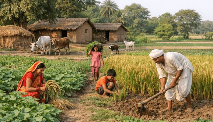 A local Bihar family working together in a lush green agricultural field, highlighting the authentic rural lifestyle and village tourism.