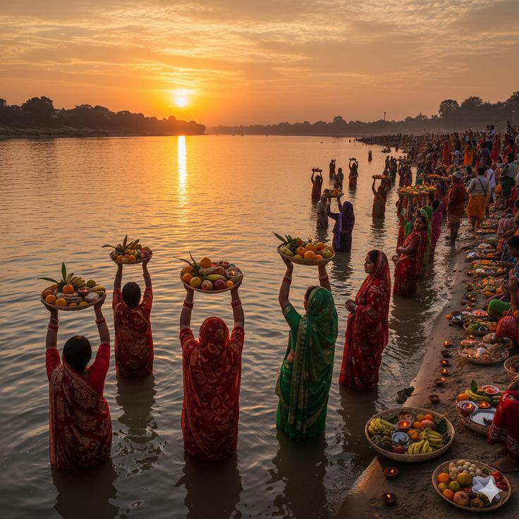 Devout women standing in a river offering prayers to the rising sun during the Chhath Puja festival in a Bihar village.