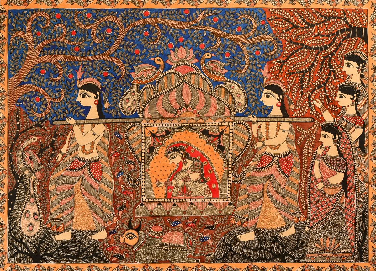 A close-up of an artist creating intricate Madhubani painting, showcasing the vibrant folk art and heritage of Bihar.