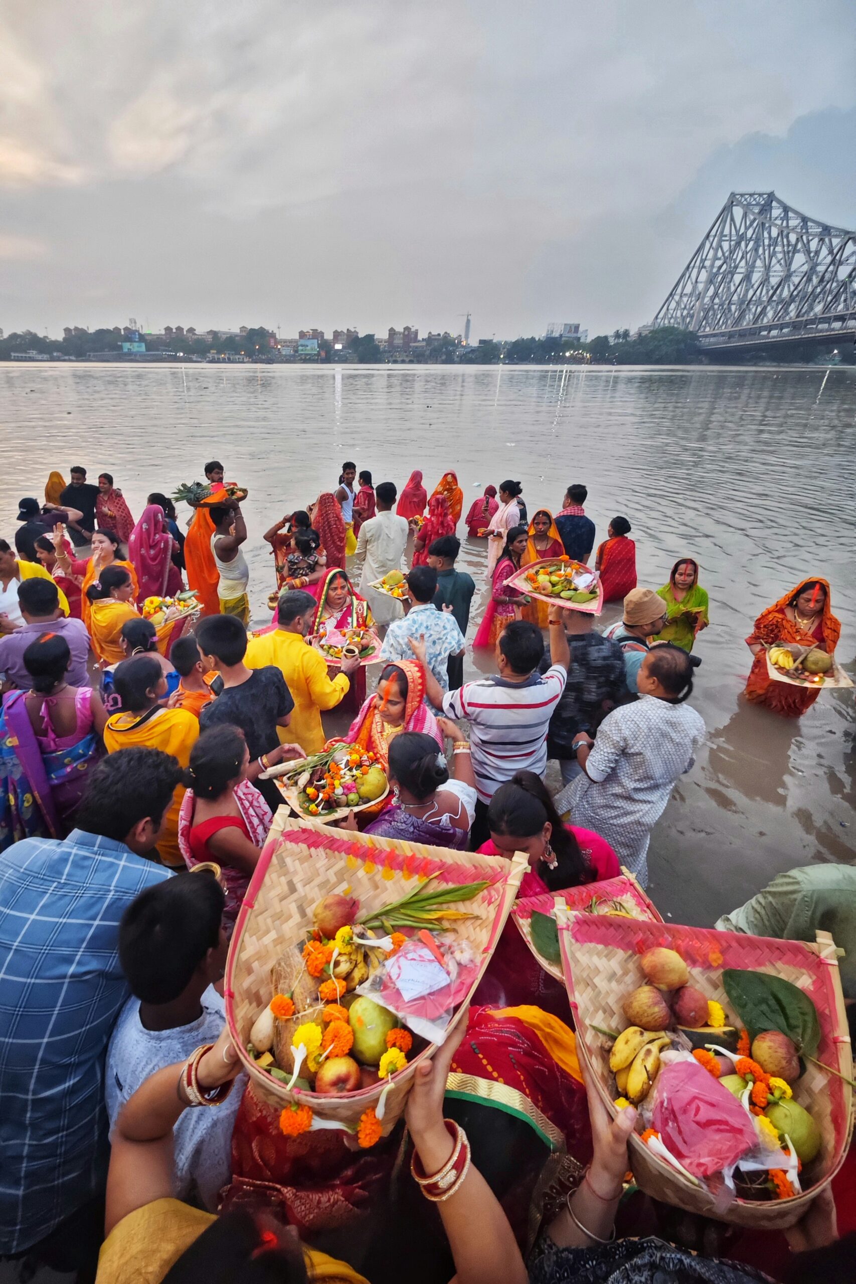 Devotees gathered at a pond to worship the sun god Surya and his sister Chhathi Maiya in Janakpurdham, Madhesh Province, Nepal